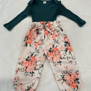 Floral 6-12 mo Baby Outfit with Green Top